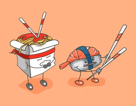 Set Sushi icon with emotions. Vector flat cartoon color illustration. Stock Illustration