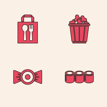 Set Sushi, Online ordering and delivery, Popcorn box and Candy icon. Vector Stock Illustration