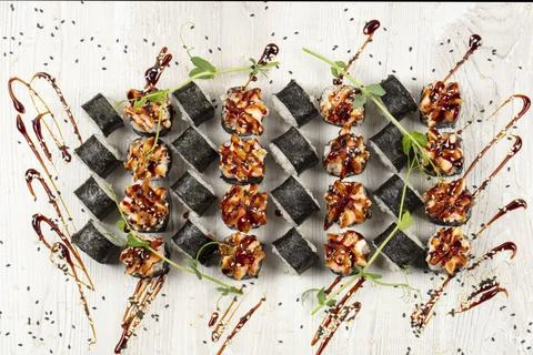 Set of sushi rolls, close-up top view.Japanese food. Foto stock