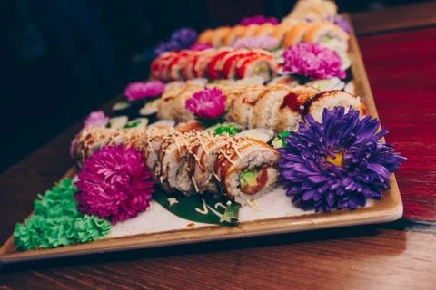 Set of Sushi Rolls Philadelphia roll from Japanese raw fish Japan food Stock Photos
