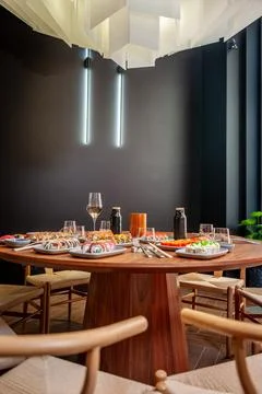A set of sushi rolls on a table in a restaurant. Stock Photos