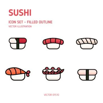Set of sushi vector filled outline icon Stock Illustration