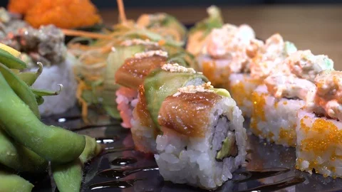 Set of sushi  on wood table. Stock Footage 106317181
