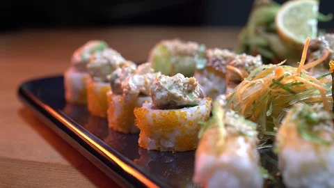 Set of sushi  on wood table. Stock Footage 106317236