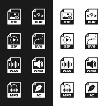 Set SVG file document, GIF, , PHP, WAV and WMA icon. Vector イラスト素材