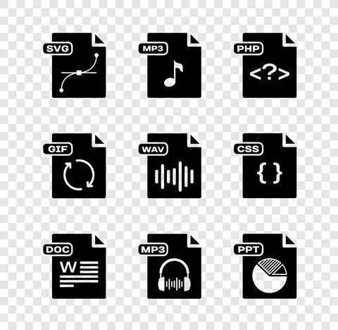 Set SVG file document, MP3, PHP, DOC, PPT, GIF and WAV icon. Vector Stock Illustration