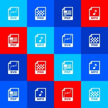 Set SVG file document, PNG, PDF and MP3 icon. Vector Illustrazione stock
