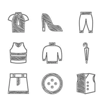Set Sweater, Sewing button for clothes, Waistcoat, Umbrella, Skirt, Undersh.. Illustrazione stock