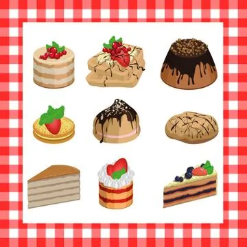 Set of sweet appetizing cakes on a red plaid background Stock Illustration