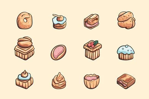 Set of sweet cakes, vector illustration. Dessert food symbol. Bakery design e Illustrazione stock