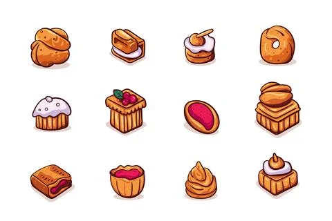 Set of sweet cakes, vector illustration. Dessert food symbol. Bakery design e Stock Illustration