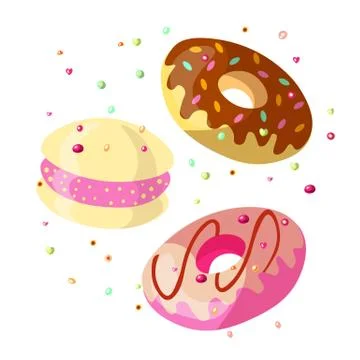 Set of Sweet cartoon chocolate and strawberry donut illustration with glaze on Illustrazione stock