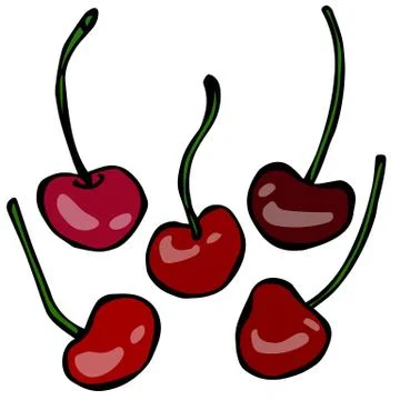 Set of Sweet Cherry Doodle Style Vector Design, Isolated on White Background. Stock Illustration
