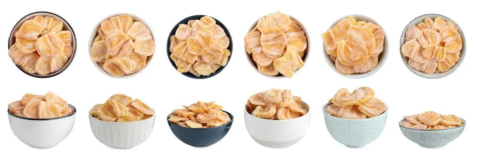 Set with sweet dried jackfruit slices in bowls on white background. Banner de Stock Photos