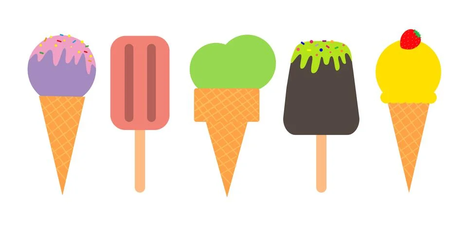 A set of sweet fruit ice cream and ice, on sticks and in waffle cups. Stock Illustration
