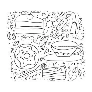 Set of sweets and cakes. Tea time concept on a white background. Stock Illustration