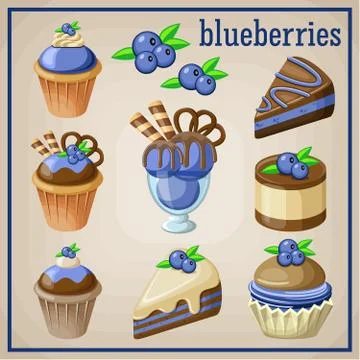 Set of sweets with blueberries. Illustrazione stock