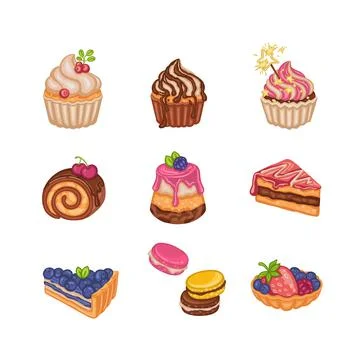 Set of sweets cake dessert, hand-drawn illustration Stock Illustration