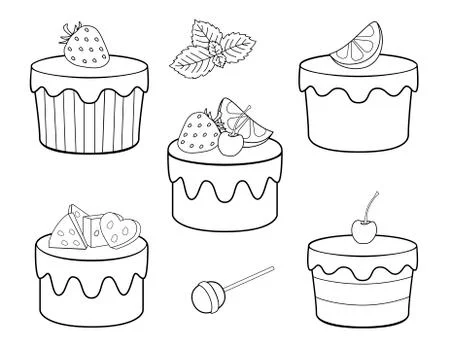 A set of sweets for coloring. Vector cupcakes, fruit cakes and sweets. Stock Illustration