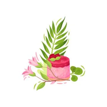 Set of sweets with flowers. Cake with raspberry berries. Vector illustration on Illustrazione stock
