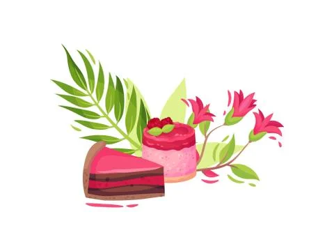 Set of sweets with flowers. Piece of double-layer cake and a raspberry cupcake Stock Illustration