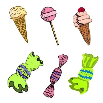 Set of sweets. Vector illustration. Drawing by hand. Stock Illustration