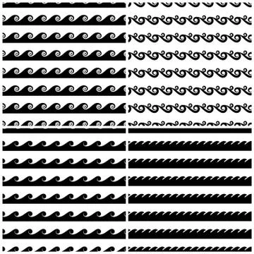 Set of swils and waves seamless patterns in black white Stock Illustration