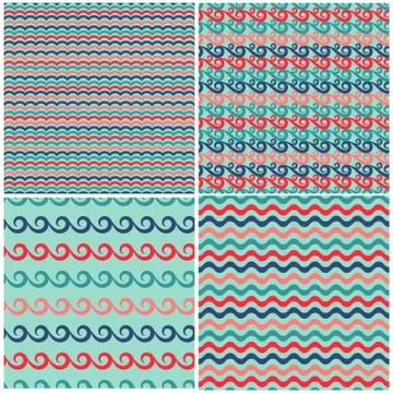 Set of swils and waves seamless patterns in retro colors Illustrazione stock