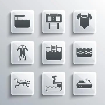Set Swimmer diving into pool, Jet ski, Swimming, with ladder, Scuba diver Illustrazione stock