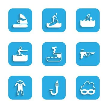 Set Swimmer diving into pool, Snorkel, Glasses for swimming, Fishing harpoon Stock Illustration