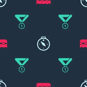 Set Swimming pool, Compass and Medal on seamless pattern. Vector Illustrazione stock