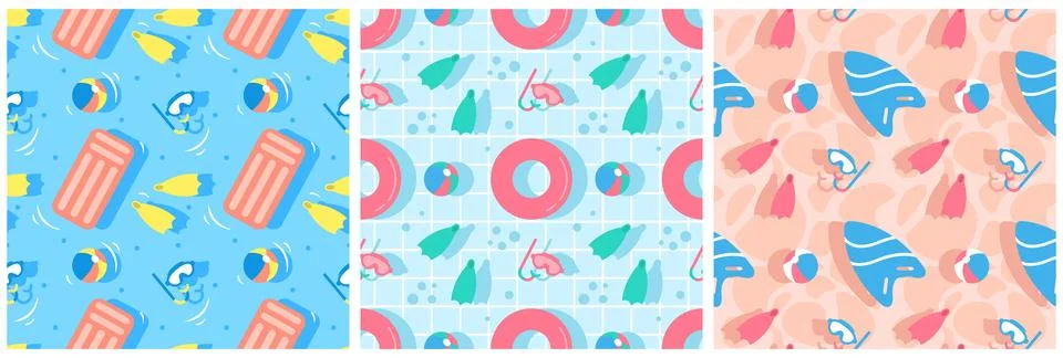 Set of Swimming Pool Seamless Pattern Vector Illustration with Summer Vacat.. Stock Illustration