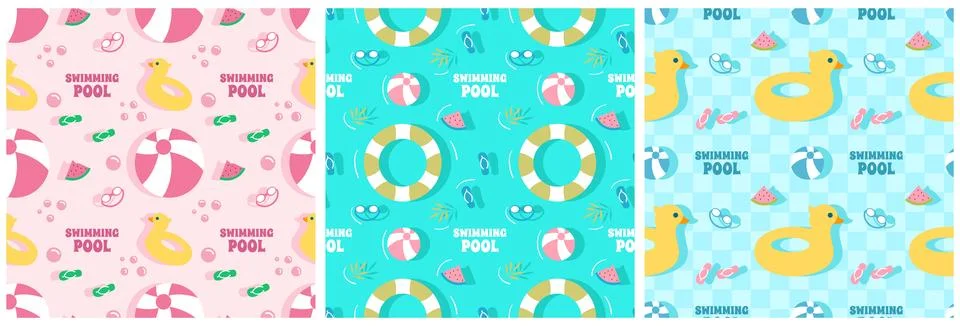 Set of Swimming Pool Seamless Pattern Vector Illustration with Summer Vacat.. Stock Illustration