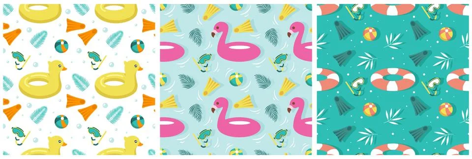 Set of Swimming Pool Seamless Pattern Vector Illustration with Summer Vacat.. Stock Illustration