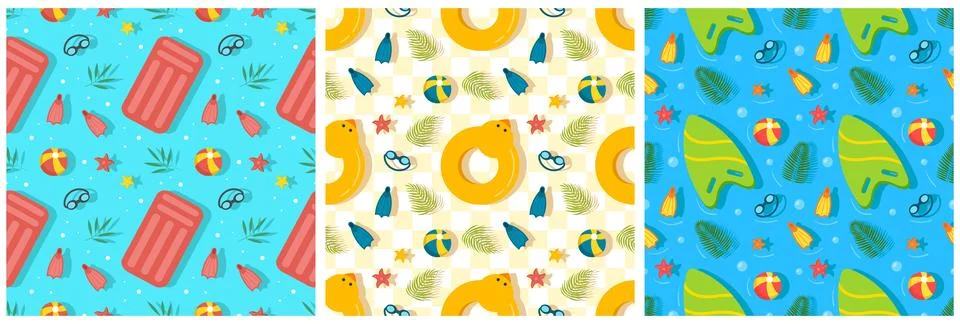 Set of Swimming Pool Seamless Pattern Vector Illustration with Summer Vacat.. Illustrazione stock