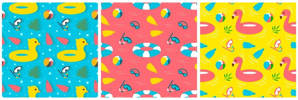Set of Swimming Pool Seamless Pattern Vector Illustration with Summer Vacat.. Stock Illustration