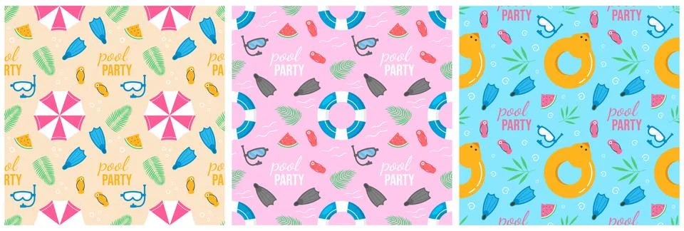 Set of Swimming Pool Seamless Pattern Vector Illustration with Summer Vacat.. Stock Illustration
