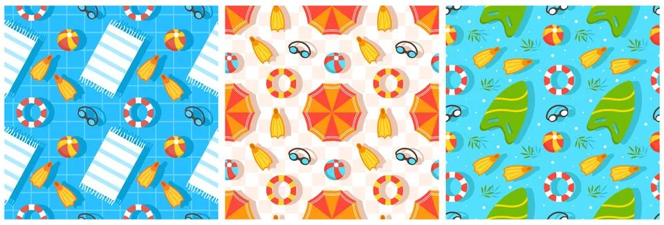 Set of Swimming Pool Seamless Pattern Vector Illustration with Summer Vacat.. Stock Illustration