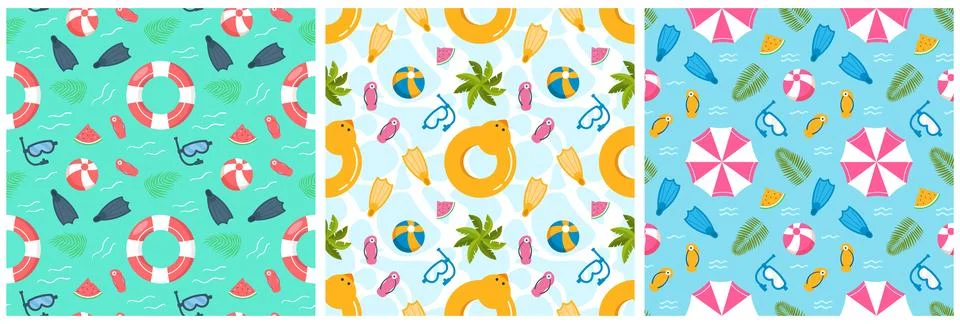 Set of Swimming Pool Seamless Pattern Vector Illustration with Summer Vacat.. Stock Illustration