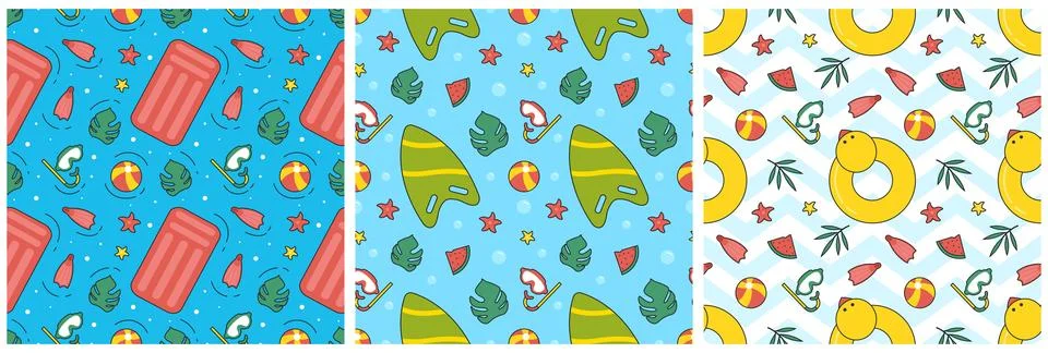 Set of Swimming Pool Seamless Pattern Vector Illustration with Summer Vacat.. Stock Illustration