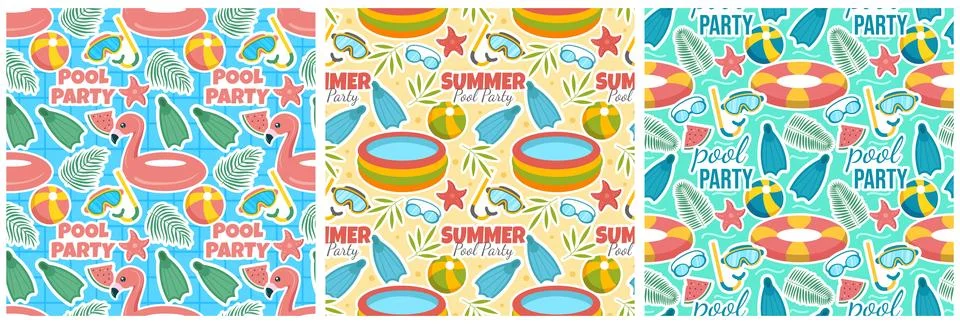 Set of Swimming Pool Seamless Pattern Vector Illustration with Summer Vacat.. Stock Illustration