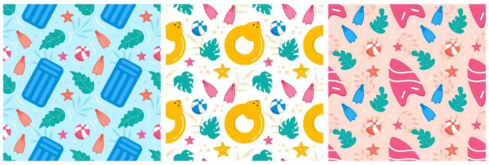Set of Swimming Pool Seamless Pattern Vector Illustration with Summer Vacat.. Stock Illustration