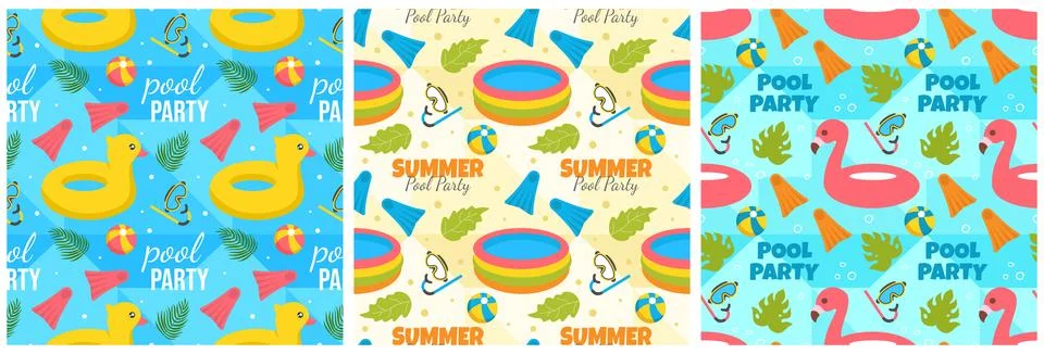 Set of Swimming Pool Seamless Pattern Vector Illustration with Summer Vacat.. Stock Illustration