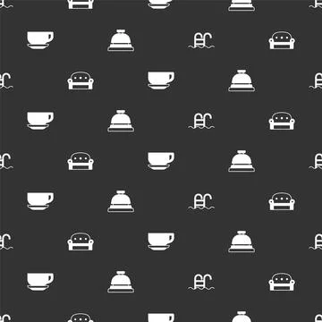 Set Swimming pool, Sofa, Coffee cup and Hotel service bell on seamless pattern Illustrazione stock