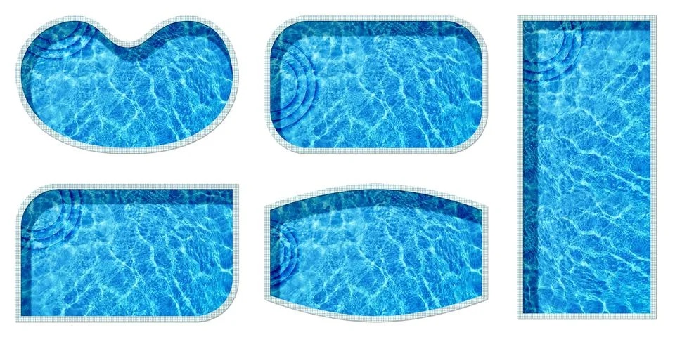 Set with swimming pools of different shapes on white background, top view. Ba Stock Photos