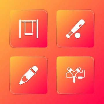 Set Swing, Baseball bat with ball, Pencil eraser and Slingshot icon. Vector Illustrazione stock