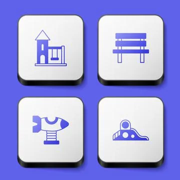 Set Swing for kids, Bench, plane and Slide playground icon. White square button Stock Illustration