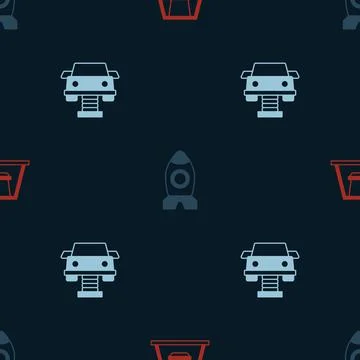 Set Swing for kids, Rocket ship toy and car on seamless pattern. Vector Stock Illustration