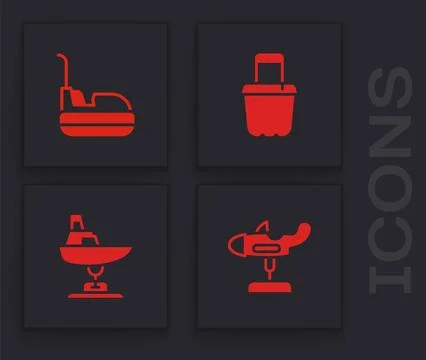Set Swing plane, Bumper car, Sand bucket and boat icon. Vector Stock Illustration