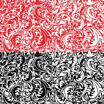 Set of swirl ornamental seamless patterns in white, red and black colors. Stock Illustration